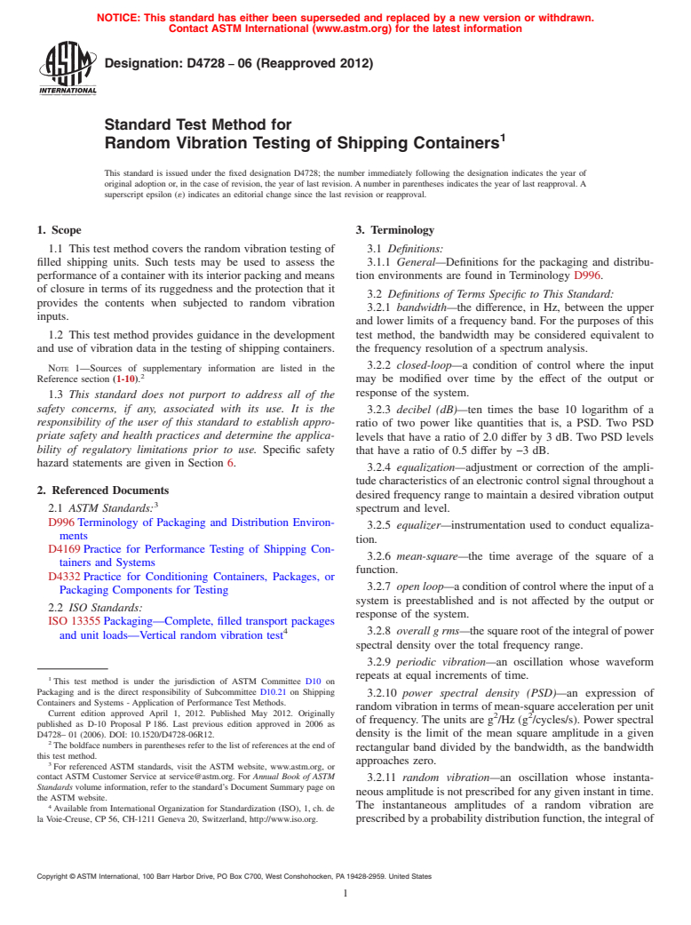 ASTM D4728-06(2012) - Standard Test Method for  Random Vibration Testing of Shipping Containers