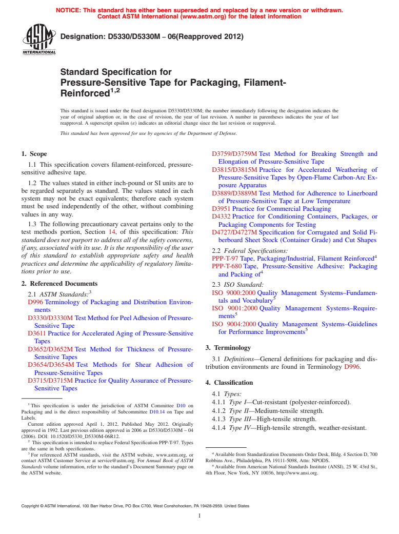 ASTM D5330/D5330M-06(2012) - Standard Specification for  Pressure-Sensitive Tape for Packaging, Filament-Reinforced