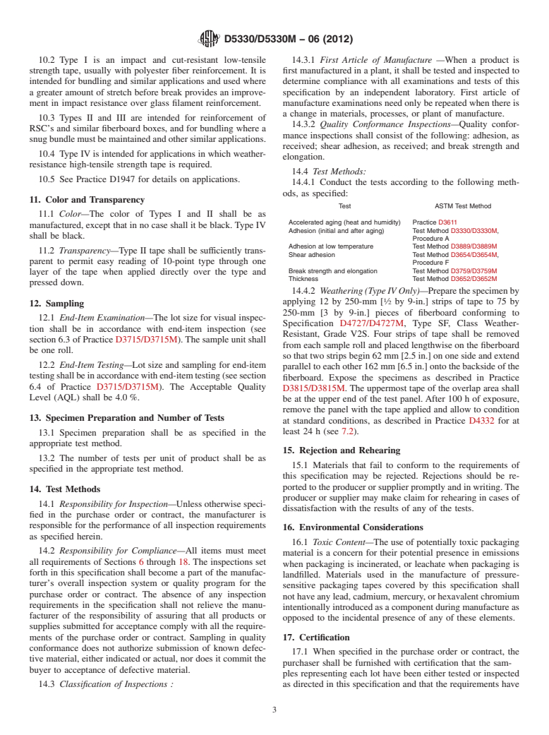 ASTM D5330/D5330M-06(2012) - Standard Specification for  Pressure-Sensitive Tape for Packaging, Filament-Reinforced