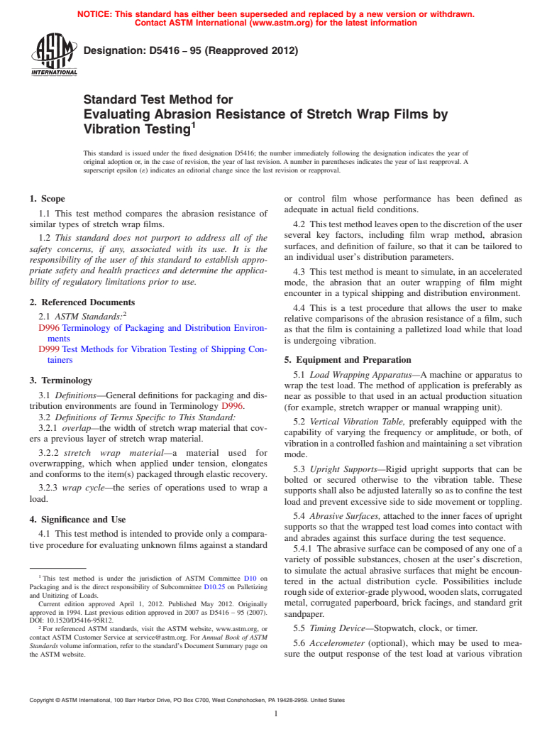 ASTM D5416-95(2012) - Standard Test Method for  Evaluating Abrasion Resistance of Stretch Wrap Films by Vibration Testing