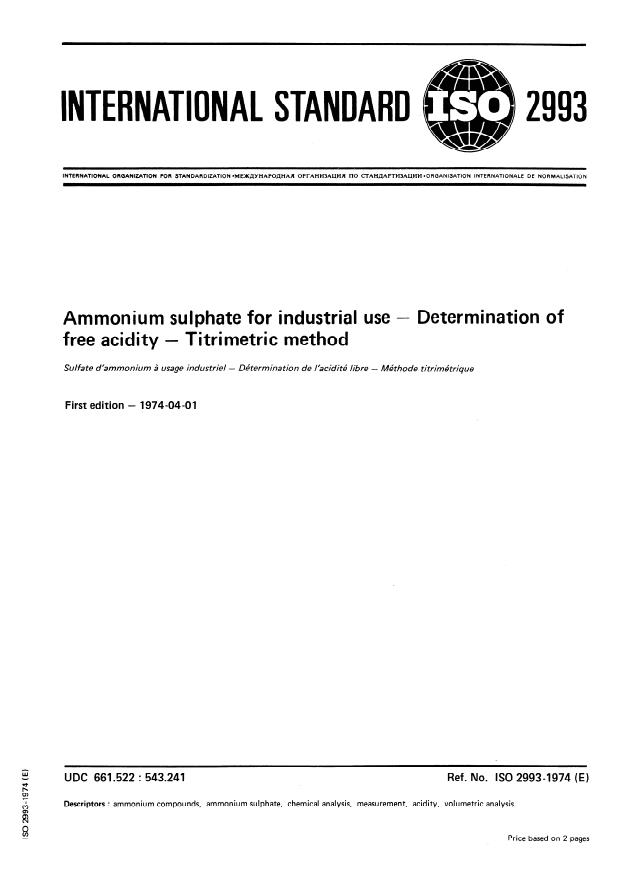 ISO 2993:1974 - Ammonium sulphate for industrial use -- Determination of free acidity -- Titrimetric method
