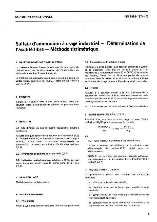 ISO 2993:1974 - Sulfate d'ammonium a usage industriel -- Détermination de l'acidité libre -- Méthode titrimétrique