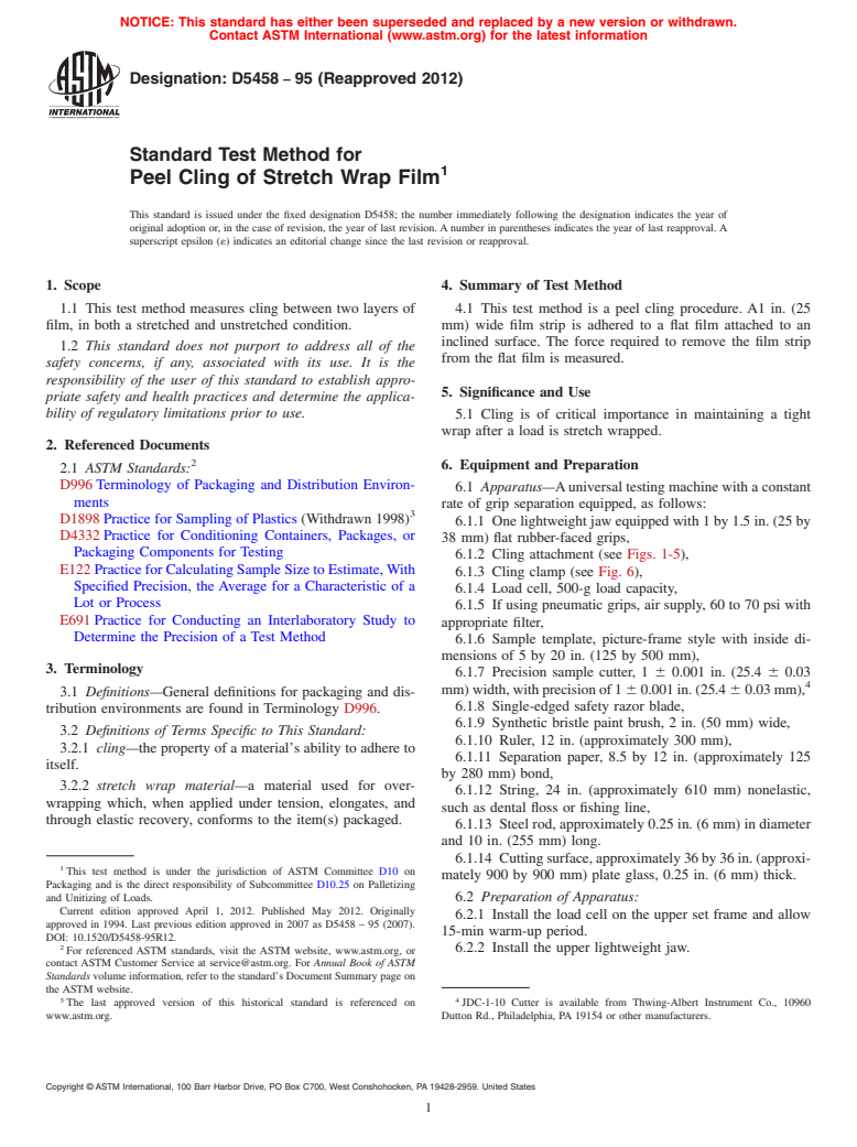 ASTM D5458-95(2012) - Standard Test Method for  Peel Cling of Stretch Wrap Film