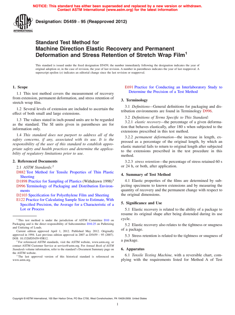 ASTM D5459-95(2012) - Standard Test Method for Machine Direction Elastic Recovery and Permanent Deformation and Stress Retention of Stretch Wrap Film