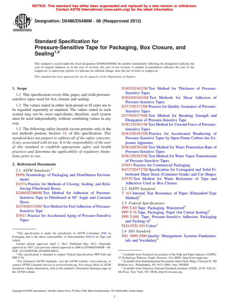 ASTM D5486/D5486M-06(2012) - Standard Specification for Pressure-Sensitive Tape for Packaging, Box Closure, and Sealing