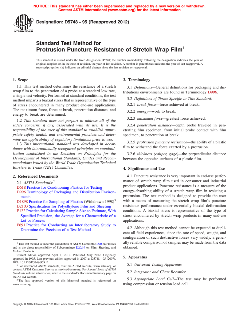 ASTM D5748-95(2012) - Standard Test Method for  Protrusion Puncture Resistance of Stretch Wrap Film