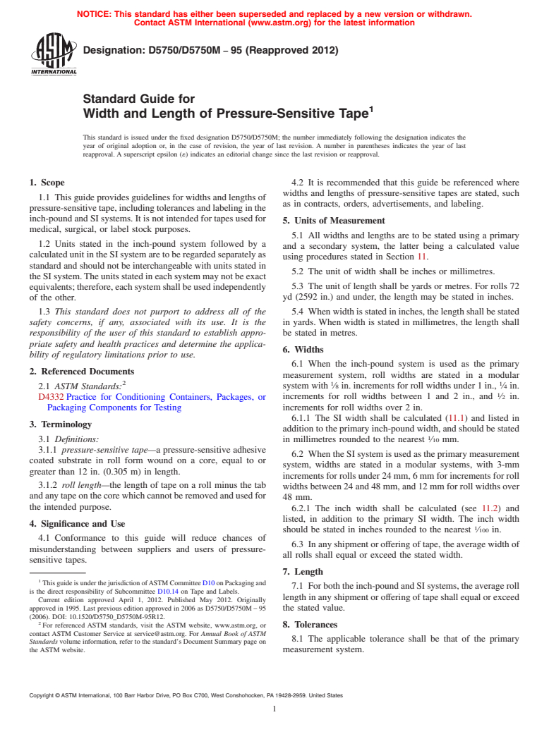 ASTM D5750/D5750M-95(2012) - Standard Guide for  Width and Length of Pressure-Sensitive Tape