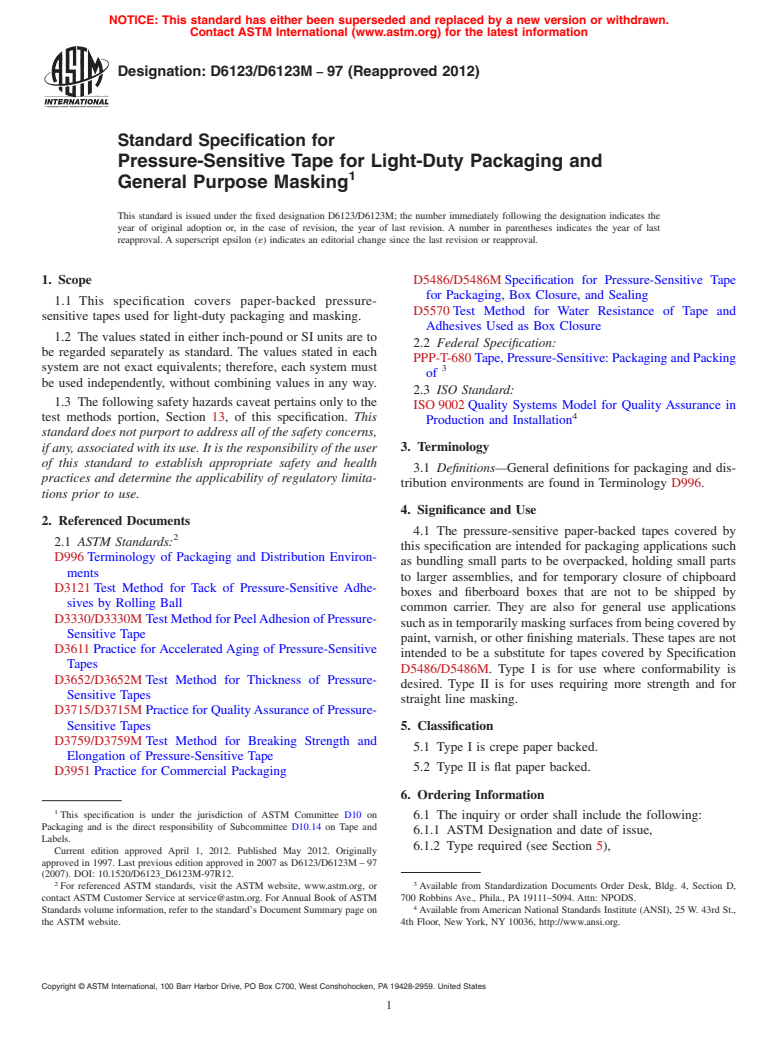 ASTM D6123/D6123M-97(2012) - Standard Specification for Pressure-Sensitive Tape for Light-Duty Packaging and General Purpose Masking