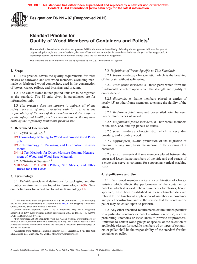 ASTM D6199-07(2012) - Standard Practice for Quality of Wood Members of Containers and Pallets