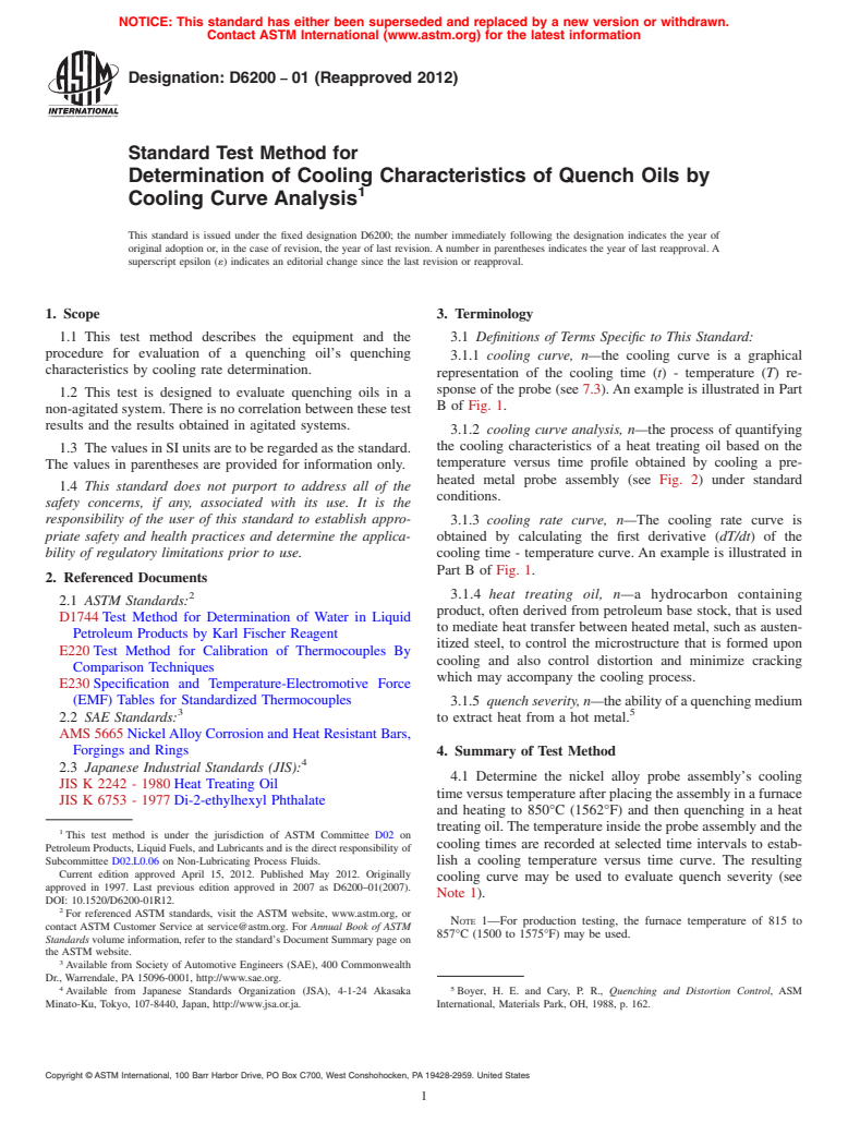 ASTM D6200-01(2012) - Standard Test Method for Determination of Cooling Characteristics of Quench Oils by Cooling Curve Analysis