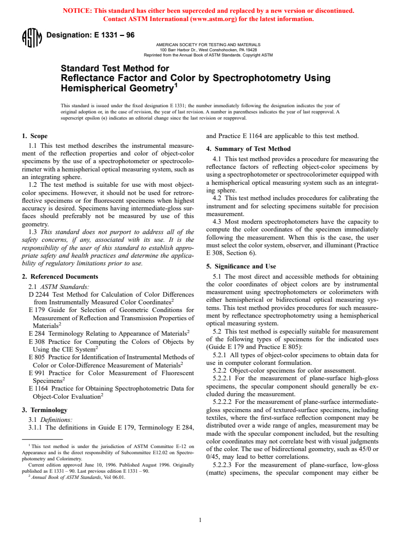 ASTM E1331-96 - Standard Test Method for Reflectance Factor and Color by Spectrophotometry Using Hemispherical Geometry