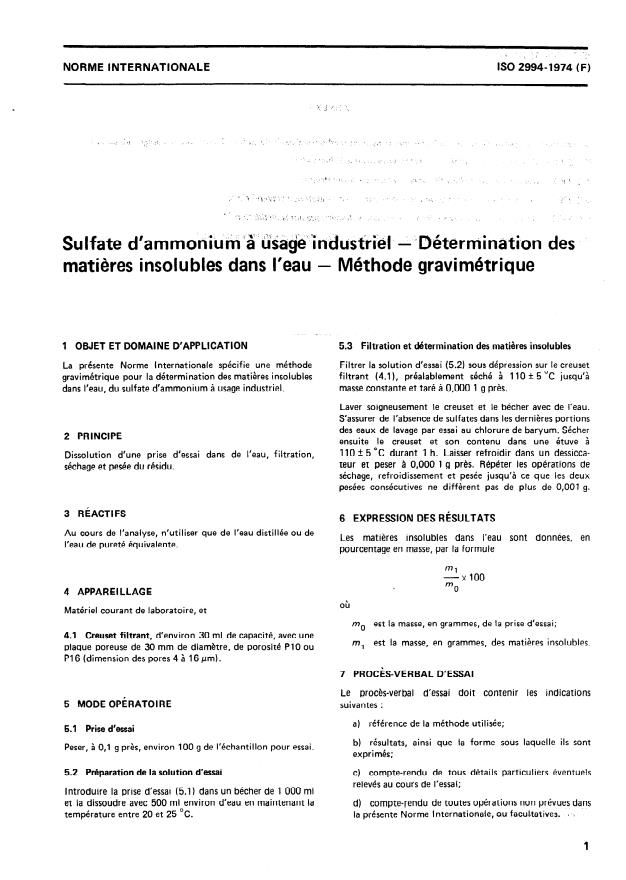 ISO 2994:1974 - Sulfate d'ammonium a usage industriel -- Détermination des matieres insolubles dans l'eau -- Méthode gravimétrique