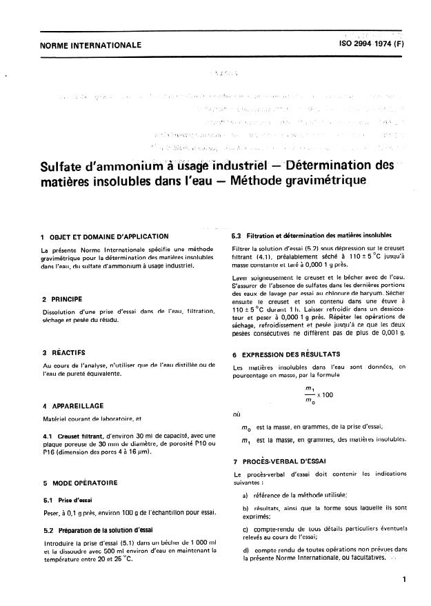 ISO 2994:1974 - Sulfate d'ammonium a usage industriel -- Détermination des matieres insolubles dans l'eau -- Méthode gravimétrique
