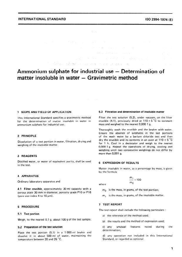 ISO 2994:1974 - Ammonium sulphate for industrial use -- Determination of matter insoluble in water -- Gravimetric method