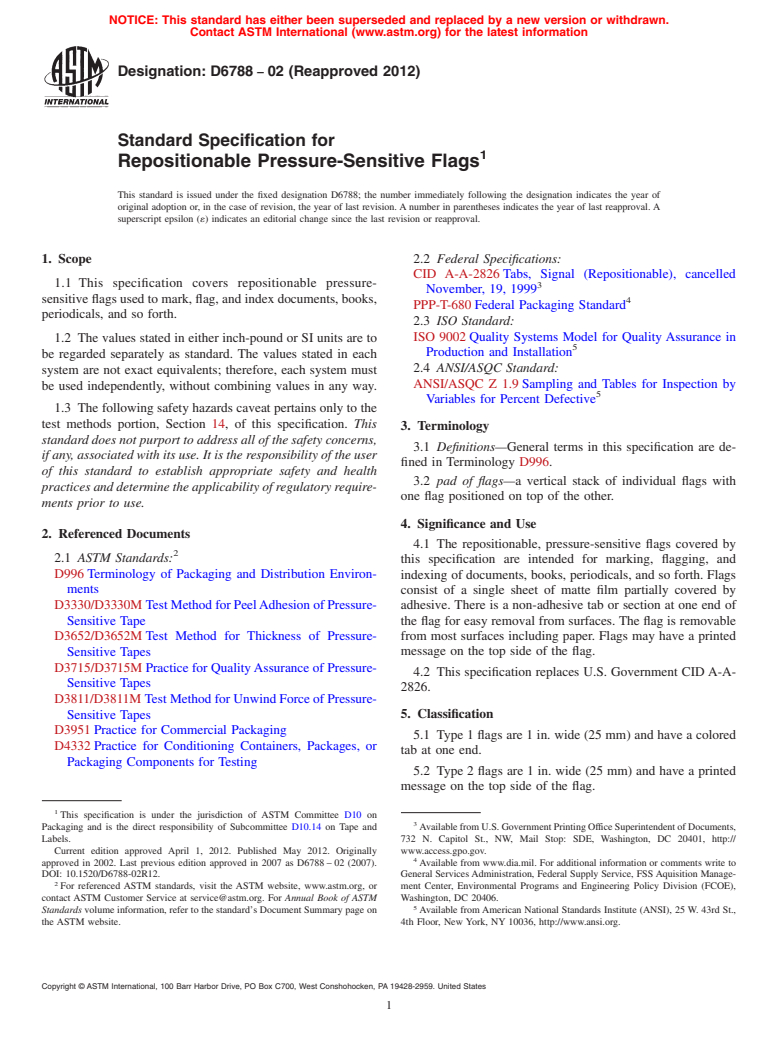 ASTM D6788-02(2012) - Standard Specification for Repositionable Pressure-Sensitive Flags