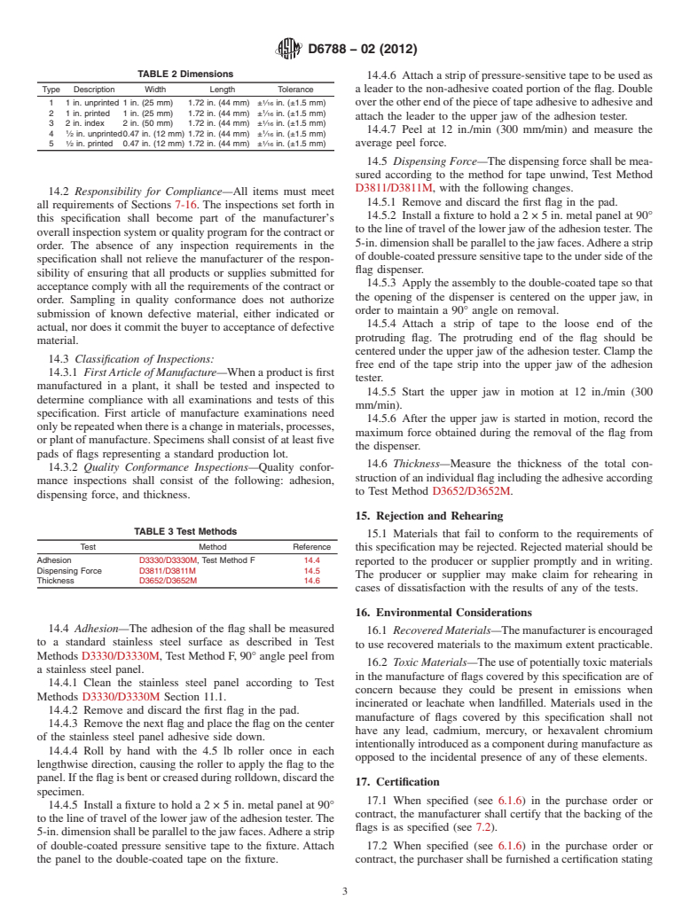 ASTM D6788-02(2012) - Standard Specification for Repositionable Pressure-Sensitive Flags