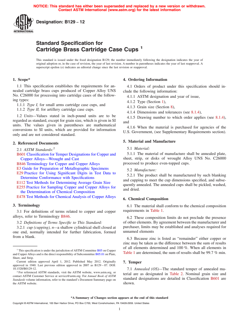 ASTM B129-12 - Standard Specification for  Cartridge Brass Cartridge Case Cups