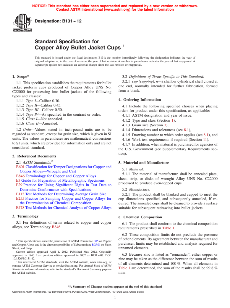 ASTM B131-12 - Standard Specification for  Copper Alloy Bullet Jacket Cups