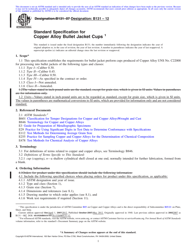 REDLINE ASTM B131-12 - Standard Specification for  Copper Alloy Bullet Jacket Cups