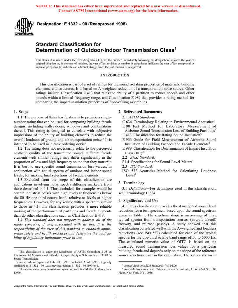 ASTM E1332-90(1998) - Standard Classification for Determination of Outdoor-Indoor Transmission Class