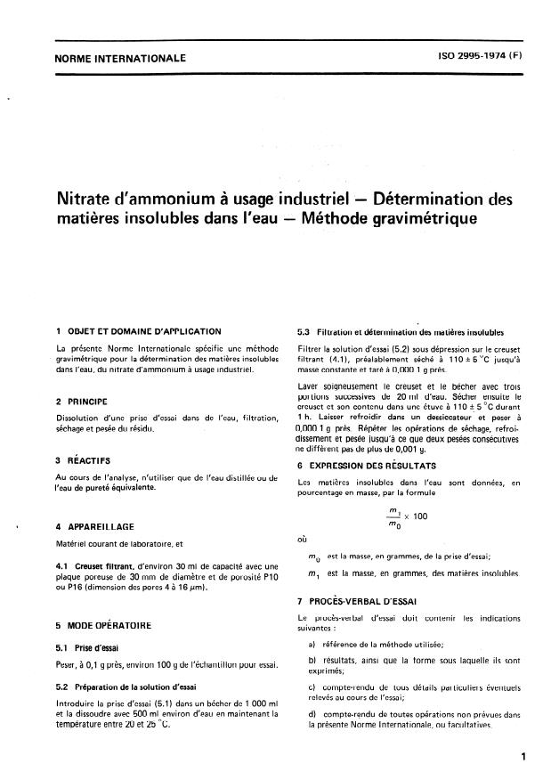 ISO 2995:1974 - Nitrate d'ammonium a usage industriel -- Détermination des matieres insolubles dans l'eau -- Méthode gravimétrique