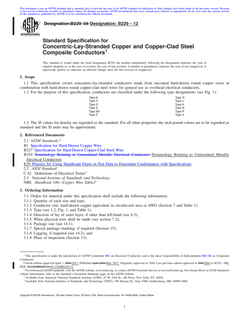 REDLINE ASTM B229-12 - Standard Specification for  Concentric-Lay-Stranded Copper and Copper-Clad Steel Composite Conductors