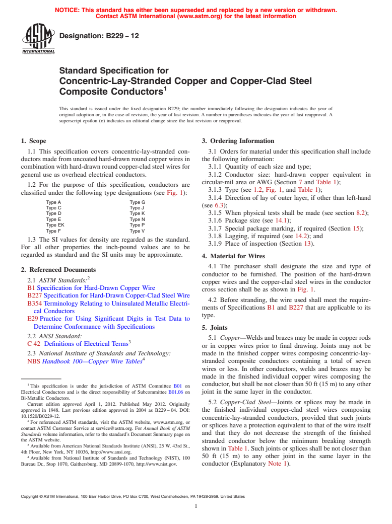 ASTM B229-12 - Standard Specification for  Concentric-Lay-Stranded Copper and Copper-Clad Steel Composite Conductors