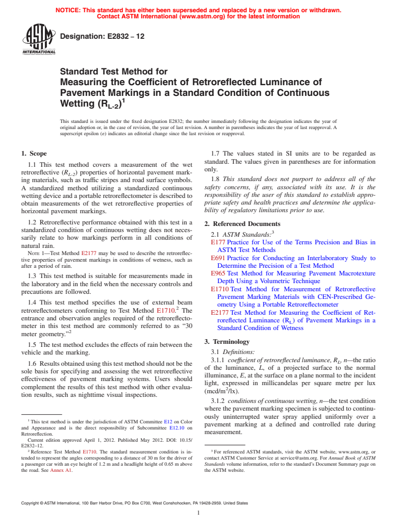 ASTM E2832-12 - Standard Test Method for Measuring the Coefficient of Retroreflected Luminance of Pavement Markings in a Standard Condition of Continuous Wetting (R<inf>L-2</inf>)