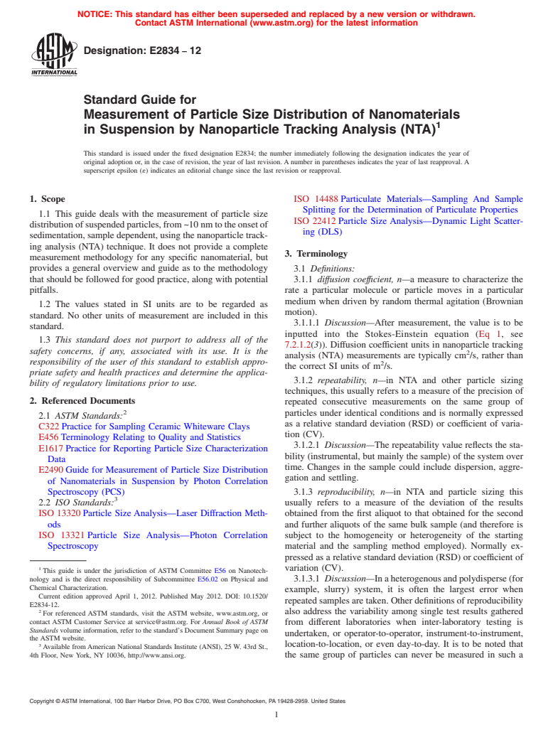 ASTM E2834-12 - Standard Guide for Measurement of Particle Size Distribution of Nanomaterials in Suspension by Nanoparticle Tracking Analysis (NTA)