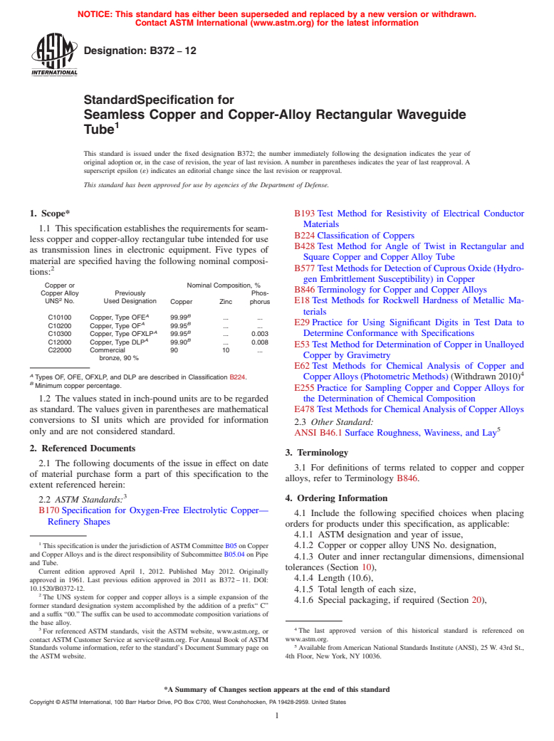 ASTM B372-12 - Standard Specification for  Seamless Copper and Copper-Alloy Rectangular Waveguide Tube