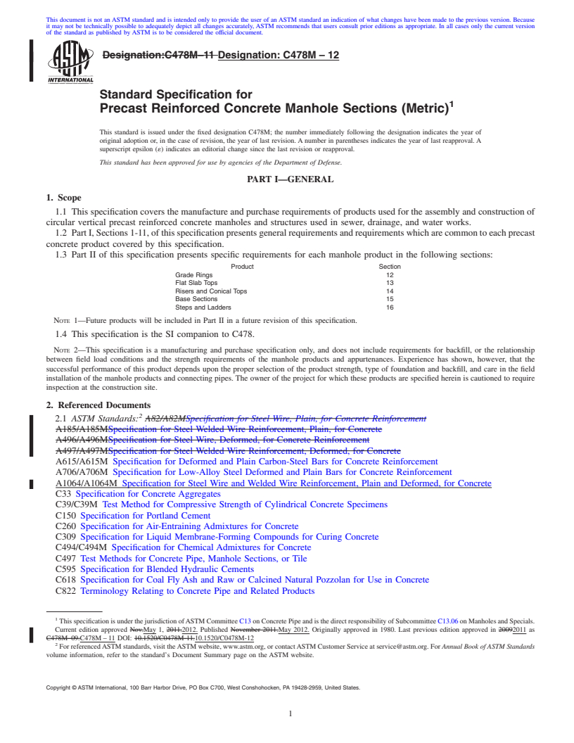 REDLINE ASTM C478M-12 - Standard Specification for Precast Reinforced Concrete Manhole Sections (Metric)