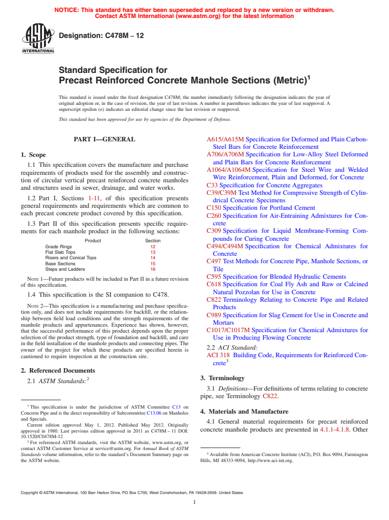 ASTM C478M-12 - Standard Specification for Precast Reinforced Concrete Manhole Sections (Metric)