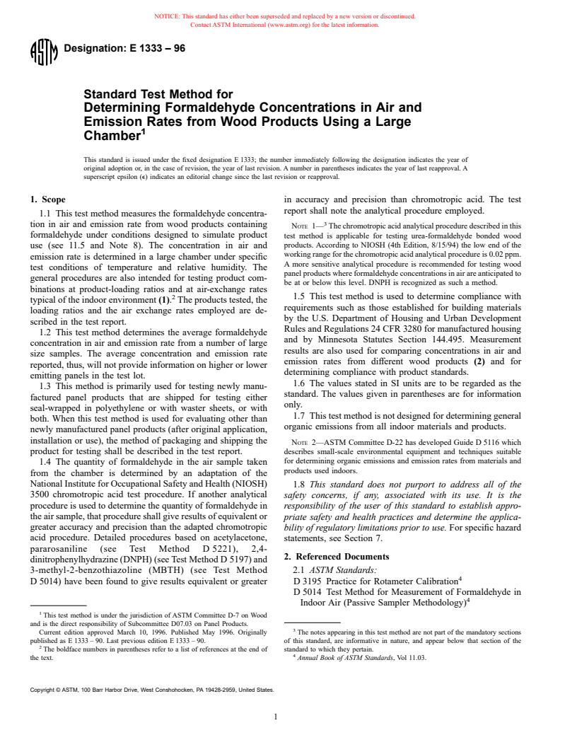 ASTM E1333-96 - Standard Test Method for Determining Formaldehyde Concentrations in Air and Emission Rates from Wood Products Using a Large Chamber