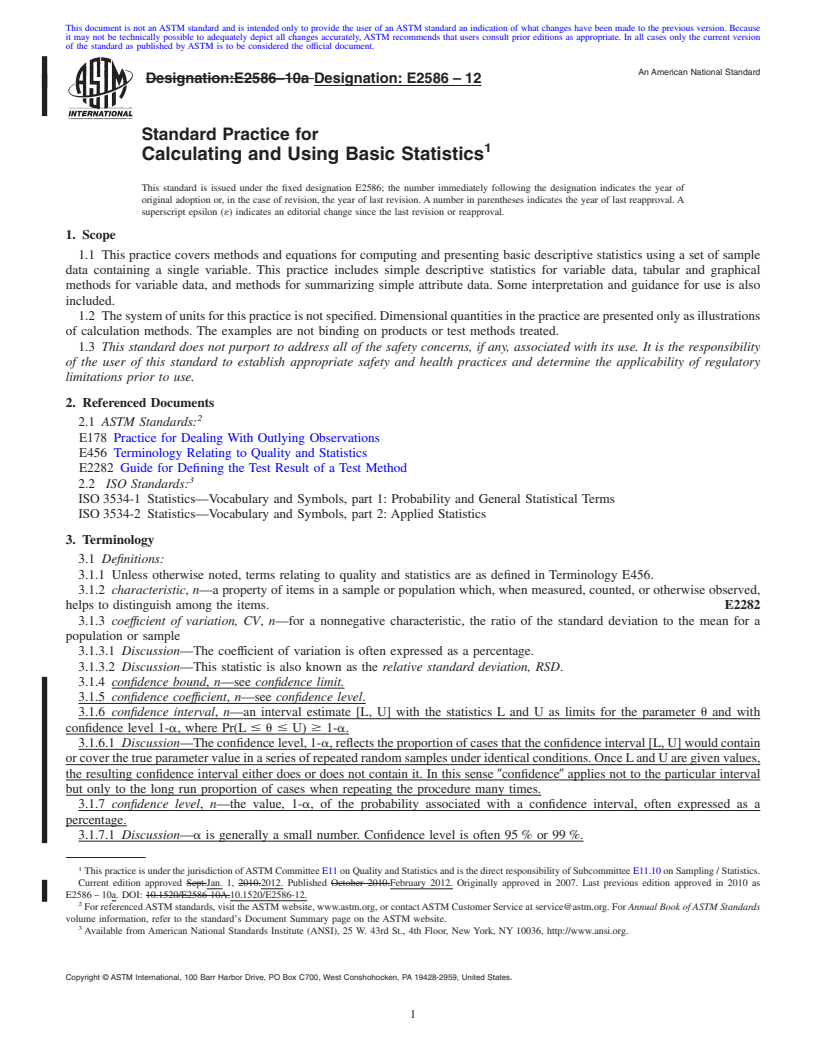 REDLINE ASTM E2586-12 - Standard Practice for Calculating and Using Basic Statistics