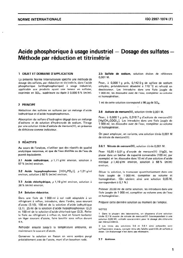 ISO 2997:1974 - Acide phosphorique a usage industriel -- Dosage des sulfates -- Méthode par réduction et titrimétrie