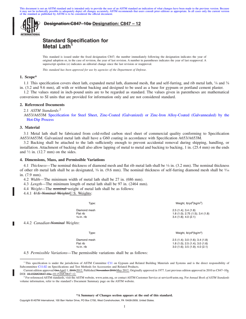 REDLINE ASTM C847-12 - Standard Specification for  Metal Lath