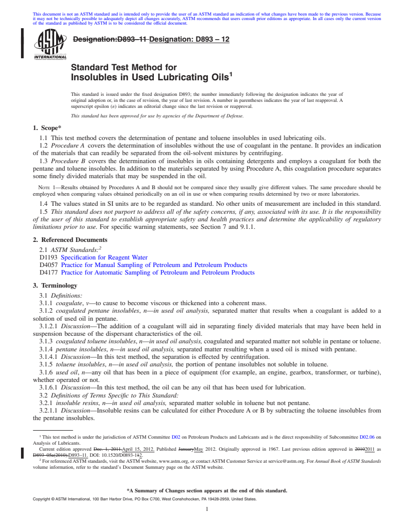 REDLINE ASTM D893-12 - Standard Test Method for Insolubles in Used Lubricating Oils