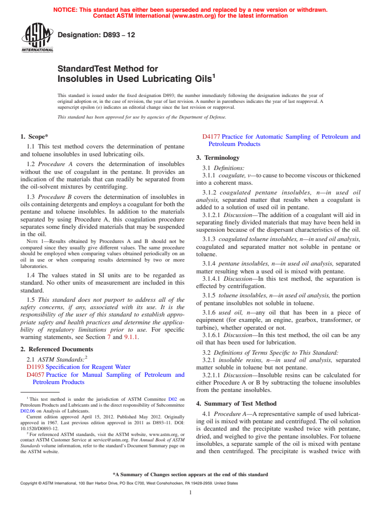 ASTM D893-12 - Standard Test Method for Insolubles in Used Lubricating Oils