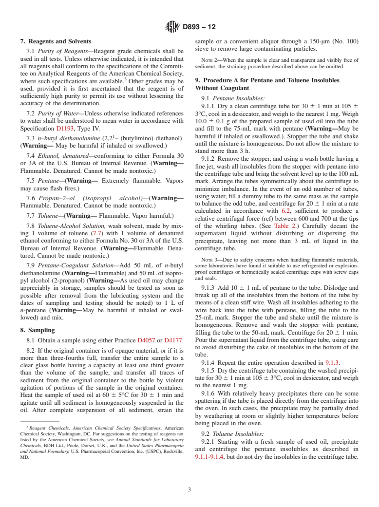 ASTM D893-12 - Standard Test Method for Insolubles in Used Lubricating Oils