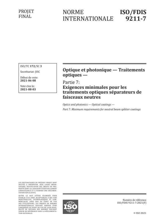 ISO/FDIS 9211-7:Version 03-jul-2021 - Optique et photonique -- Traitements optiques
