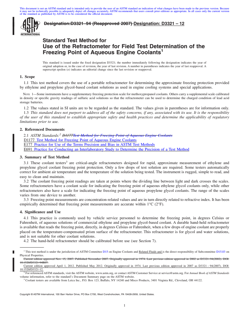 REDLINE ASTM D3321-12 - Standard Test Method for Use of the Refractometer for Field Test Determination of the Freezing Point of Aqueous Engine Coolants