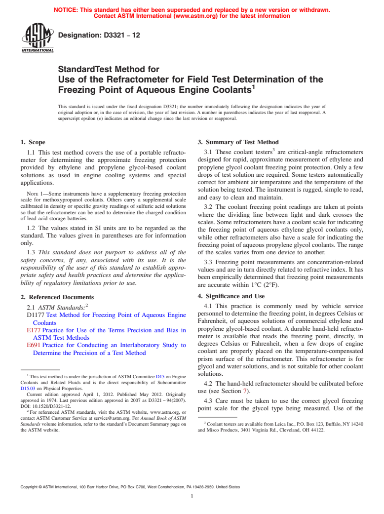 ASTM D3321-12 - Standard Test Method for Use of the Refractometer for Field Test Determination of the Freezing Point of Aqueous Engine Coolants