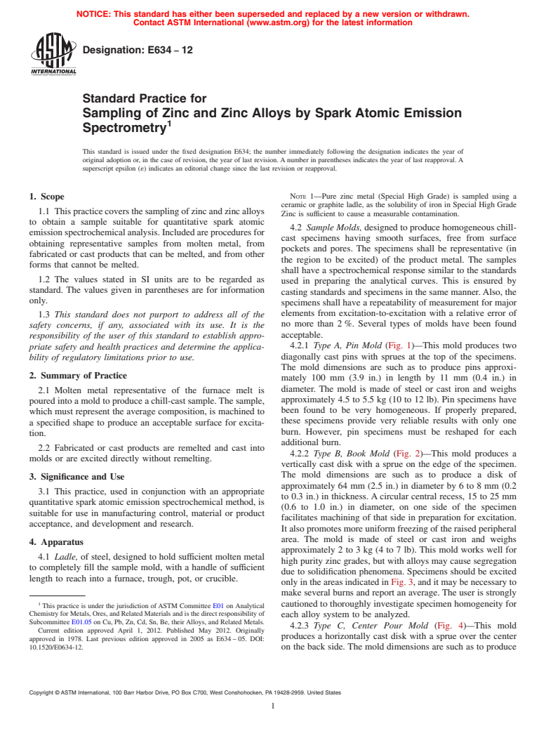 ASTM E634-12 - Standard Practice for  Sampling of Zinc and Zinc Alloys by Spark Atomic Emission Spectrometry