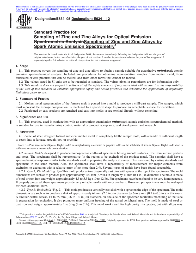 REDLINE ASTM E634-12 - Standard Practice for  Sampling of Zinc and Zinc Alloys by Spark Atomic Emission Spectrometry