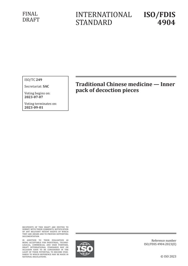 ISO 4904 - Traditional Chinese medicine — Inner pack of decoction pieces
Released:6/23/2023