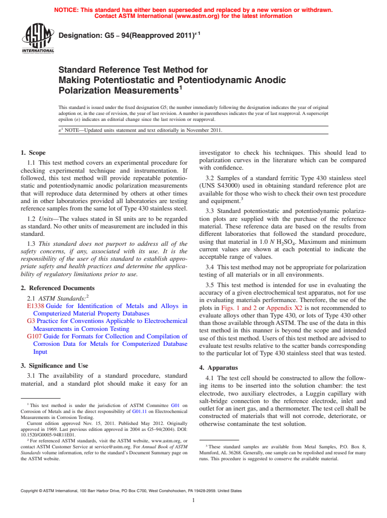 ASTM G5-94(2011)e1 - Standard Reference Test Method for Making Potentiostatic and Potentiodynamic Anodic Polarization Measurements