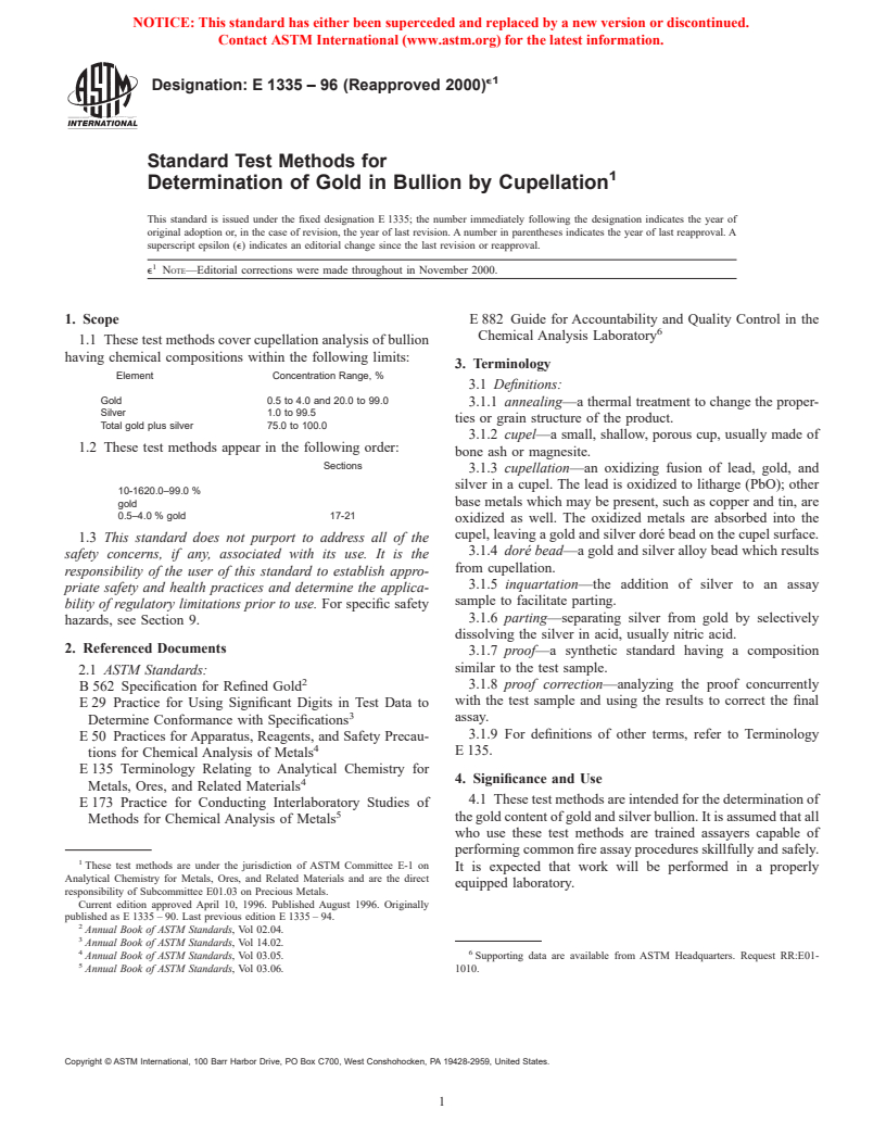 ASTM E1335-96(2000)e1 - Standard Test Methods for Determination of Gold in Bullion by Cupellation