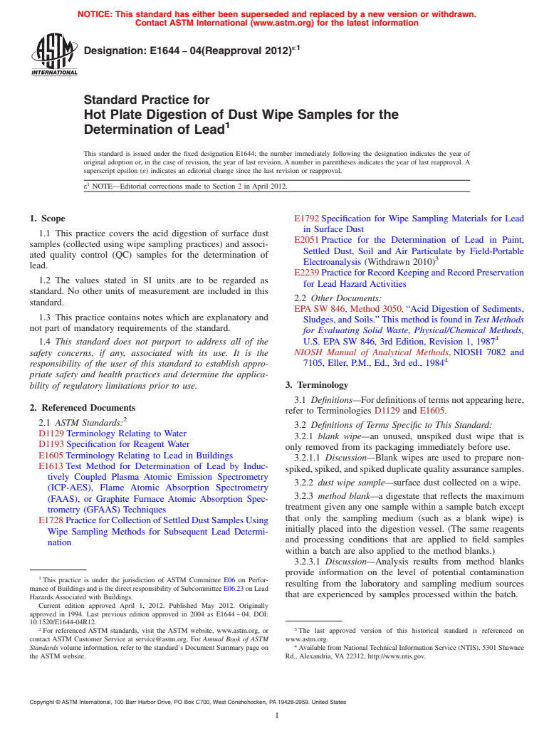 ASTM E1644-04(2012)e1 - Standard Practice for  Hot Plate Digestion of Dust Wipe Samples for the Determination of Lead