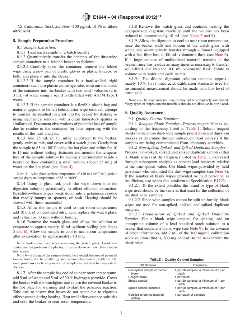 ASTM E1644-04(2012)e1 - Standard Practice for  Hot Plate Digestion of Dust Wipe Samples for the Determination of Lead