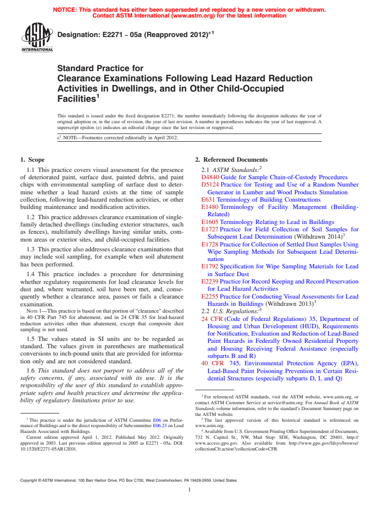 ASTM E2271-05a(2012)e1 - Standard Practice for Clearance Examinations Following Lead Hazard Reduction Activities in Dwellings, and in Other Child-Occupied Facilities